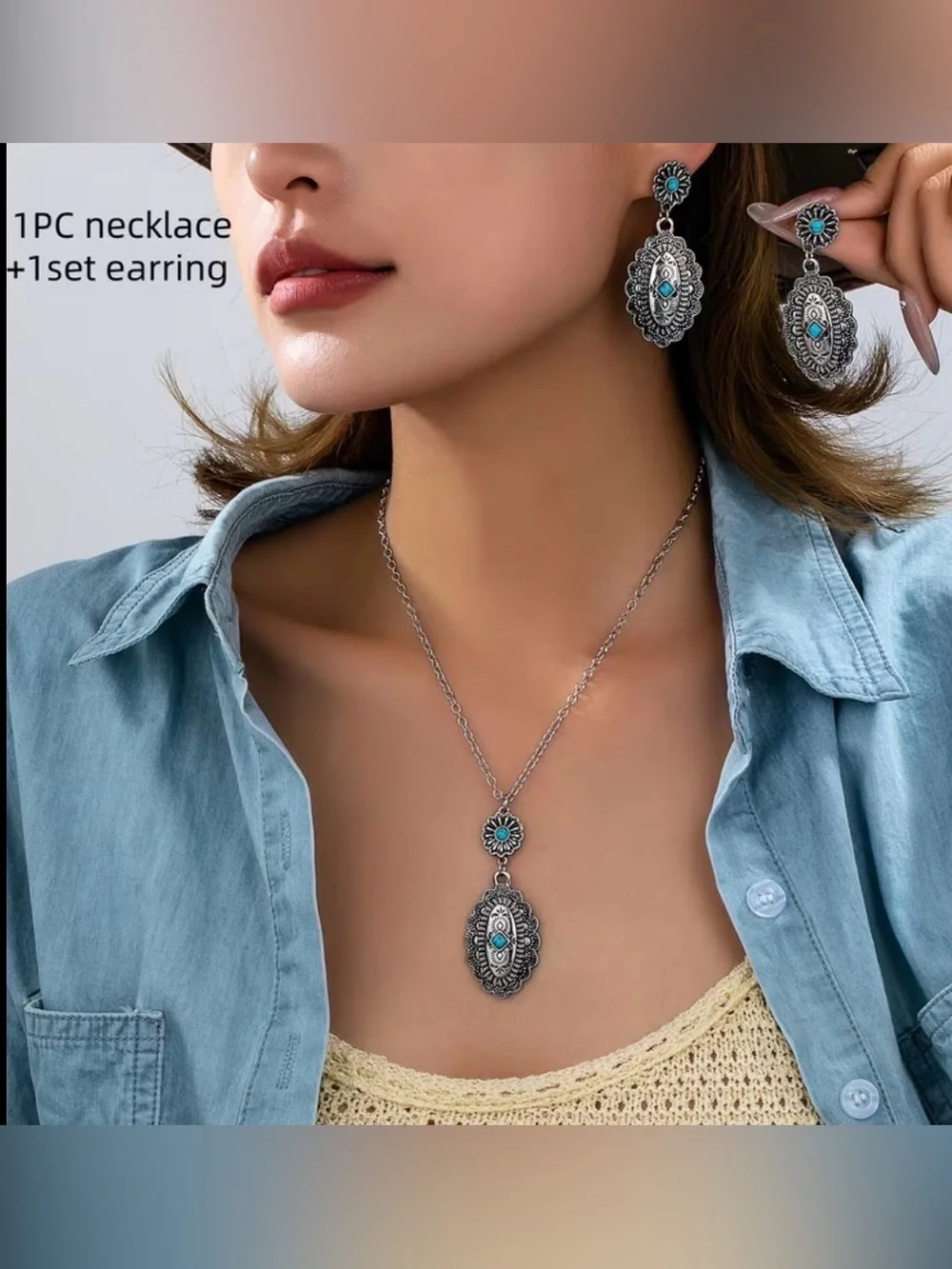 Western Set Turquoise Accent Silver-Tone Pendant Necklace & Earrings Set